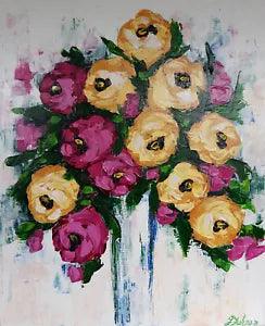 Hand Painted Flowers Peonies Original Painting Impasto Canvas Art 20 by 16 .