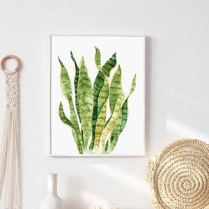 Snake plant, watercolor, botanical print, leaf, leaves, living room, wall hanging, decor, painting, art, neutral, illustration, bathroom