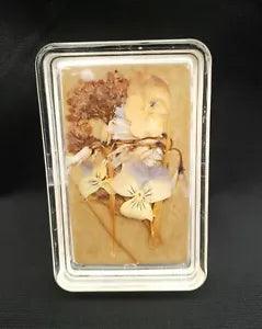 Vintage Dried Pressed Pansy Flowers in Hard Plastic, Trinket Tray 4" x 2.5"x .5"