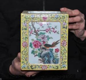 7.2" Marked China porcelain Enamel Plum blossom bird peony Pine statue brush pot