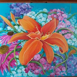 Day lily, phloxes, and coneflowers. Summer garden. Original acrylic painting on canvas