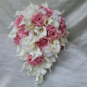 Ivory, cream, dusty pink cascading bridal bouquet, calla lily, rose, orchid cascade bride bouquet with artificial flowers