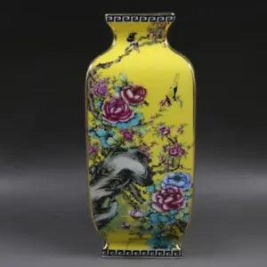 10" China Qing Colour Enamels Porcelain Animal Bird Peony Flower Four Sides Vase