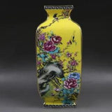 10" China Qing Colour Enamels Porcelain Animal Bird Peony Flower Four Sides Vase