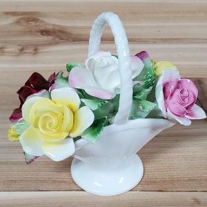 Vintage Porcelain Bone China Capodimonte by Royal Doulton (English Made) White Basket Red, Pink, Yellow & White Rose Bouquet w/Greenery