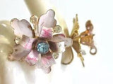 SHABBY CHIC TREMBLER LILY FLOWER VINTAGE EARRINGS PINK ENAMEL w BLUE RHINESTONES