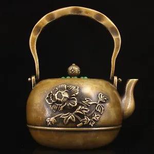 8.2" Collect Chinese Bronze Inlay Gem Tree Peony Flower Teakettle Teapot