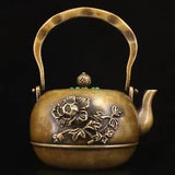 8.2" Collect Chinese Bronze Inlay Gem Tree Peony Flower Teakettle Teapot