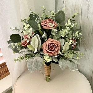 Boho dusty rose greenery bridal bouquet eucalyptus wedding bouquet, Lambs ear sage bridesmaid flowers