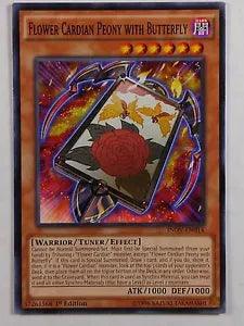 Flower-themed trading card with peony and butterfly artwork, colorful foil frame