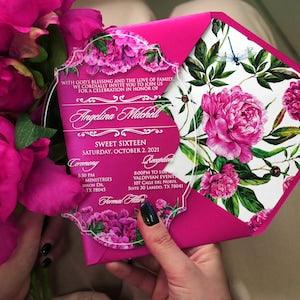 Acrylic Wedding Invitation Fuchsia Pink Magenta Peonies, Vintage Flowers, Floral, Plexiglass, Bridal Shower, Birthday Anniversary, Black