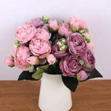 30cm Faux Rose Pink Silk Bouquet Peony Artificial Flowers 5 Big Heads 4Small Bud