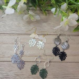 Geometric and Monstera Leaf Dangle Earrings, Plant Earrings, Leaf Earrings, Nature Earrings, Monstera Earrings, Plant Lover Earrings