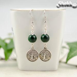 Tree of life earrings, Statement Dark green Quartzite stone earrings, Modern Tibetan silver family tree jewelry, Plant lovers gift for women