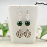 Tree of life earrings, Statement Dark green Quartzite stone earrings, Modern Tibetan silver family tree jewelry, Plant lovers gift for women