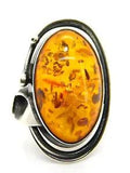 Artisan 925 Sterling Silver Calla Lily Oval Amber Cabochon Long Ring