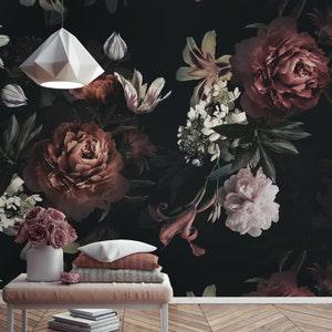 Dark Floral Wallpaper Peel and Stick Soft Peony Flower Bouquet Wall Mural