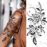 Black floral snake-themed temporary tattoo sticker, sleeve design with peony and leaves