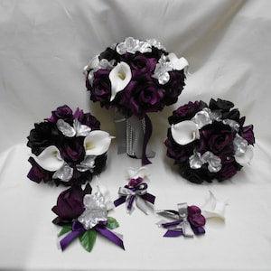 Wedding Silk Flower Bridal Bouquets Package Calla Lily Purple Eggplant  Plum Rose Silver Bride Boutonnieres Corsages New
