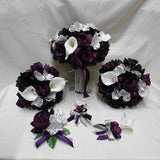 Wedding Silk Flower Bridal Bouquets Package Calla Lily Purple Eggplant  Plum Rose Silver Bride Boutonnieres Corsages New