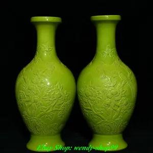 10" Qianlong Marked Green Glaze Porcelain Peony Flower Bird Vase Bottle Pair