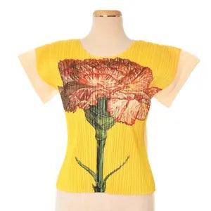 Pleats Please Cut And Sew Short Sleeve Pleated Carnation Flower Transfer 3 Yello