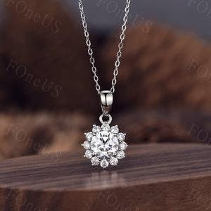 Moissanite necklace White gold Sunflower Style Round Cut Moissanite Necklace Delicate wedding Bridal Simple Necklace Promise Gift for Her