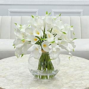 Faux Calla Lilies in Glass Vase, Real Touch Floral Arrangement, Artificial Lily Faux Centerpiece, Faux Floral Home Decor
