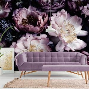 Natural flowers wallpaper, peonies on black background, peel and stick wall mural
