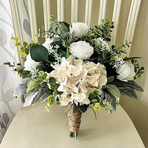 Champagne bridal bouquet, premium white rose hydrangea & greenery boho wedding bouquet, eucalyptus sage bridesmaid flowers