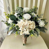 Champagne bridal bouquet, premium white rose hydrangea & greenery boho wedding bouquet, eucalyptus sage bridesmaid flowers