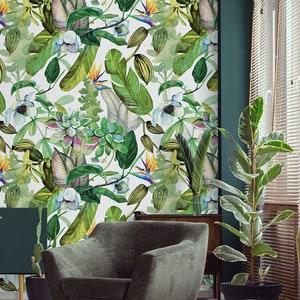Watercolor magnolia, succulent, vanilla orchid, banana leaves wallpaper, self adhesive, floral wall mural,temporary peel and stick,removable