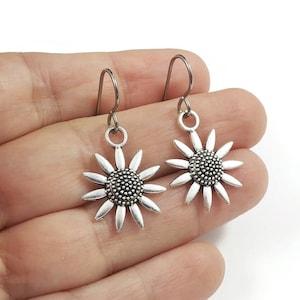 Small sunflower drop earrings, Implant grade pure titanium jewelry, Cute lightweight everyday earrings