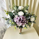 Boho wedding bouquet, dusty purple hydrangea white roses & greenery bridal bouquet, lavender wedding bouquet, eucalyptus  bridesmaid flowers