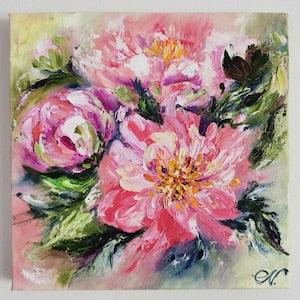 Pink peonies bouquet, oil painting, stretched canvas , miniature oil, abstract peonies, flower bouquet painting, peonies wall art, impasto