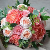 Rustic Coral Peach Bridal Bouquets, Real Touch Peonies,  Cabbage Roses, Bridal Bouquet Eucalyptus