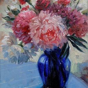 Flowers in blue vase oil painting original, Canvas floral painting, Pink peony bouquet art hand-painted