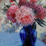 Flowers in blue vase oil painting original, Canvas floral painting, Pink peony bouquet art hand-painted
