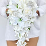 White Cascading Wedding Bouquet with High Quality Orchids, Roses, and Mint and Dark Green Foliage. Chirstmas and Winter. Brooches Optional