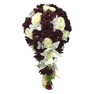 Keepsake Cascading Bouquet- Dark Burgundy and White or Ivory Quality Artificial Rose and Lily Bouquet