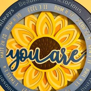 Handcrafted Sunflower BIBLE VERSE, scripture affirmations  "You Are" as God see you/she/her Christian Inspiration Shadow Box; Gift for her