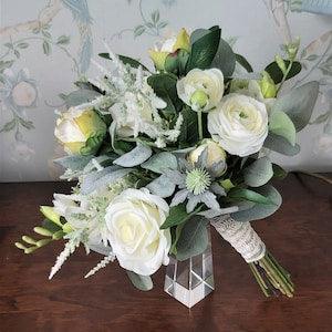 Brides Ivory White Rose, Thistle, Peony Wedding Bouquet, Bridal Bouquet, Silk Flower Bouquet, Artificial Flowers - READY TO SHIP
