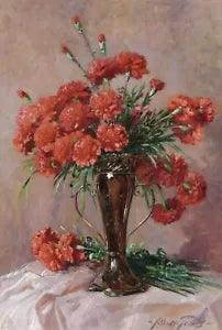 Red Carnations in a Silver Vase 30 x 20 in Rolled Canvas Art Print | Flowers Art