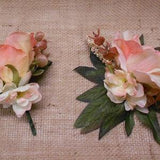 2 Piece Bridal/Wedding Set - Wrist Corsage & Pin Boutonniere - Pink Blush Peony Rose, Mini Pink/Blush Roses, Silk Flowers, New