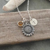 Sterling silver Sunflower charm necklace - Plant Jewelry - Flower necklace, Personalized initial -   Birthstone - gift for her