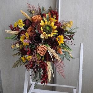 Burgundy sunflower cascading bouquet, Fall wedding, Rustic wedding, Boho wedding flowers