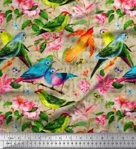 Soimoi Green Cotton Poplin Fabric Birds|Leaves & Lily Flower Print-tHU