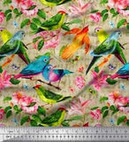 Soimoi Green Cotton Poplin Fabric Birds|Leaves & Lily Flower Print-tHU