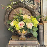 Pink roses centerpiece in gold iron vase, Faux flowers, silk hydrangea, berry clusters & greenery, real touch artificial floral arrangement