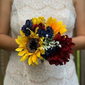Flower girl bouquet Burgundy dahlias Navy blue flowers Sunflower wedding